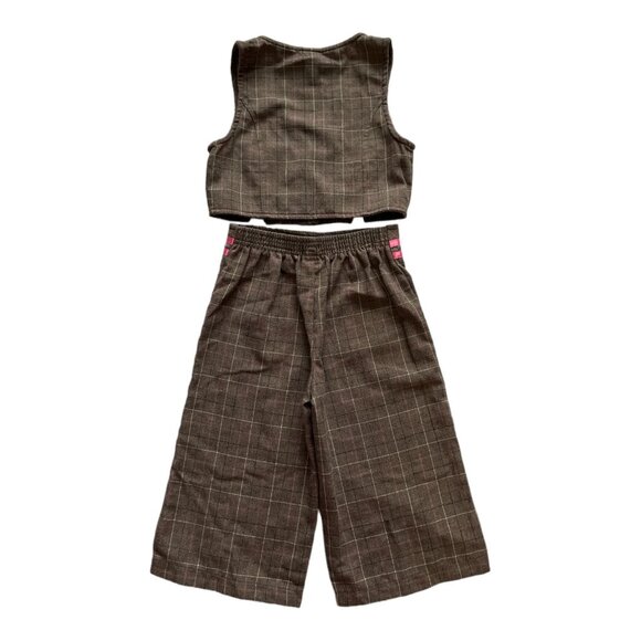 Vintage Inspired Samara Girls Plaid Vest & Pants Set With Pink Bow Accents Size - Picture 5 of 6
